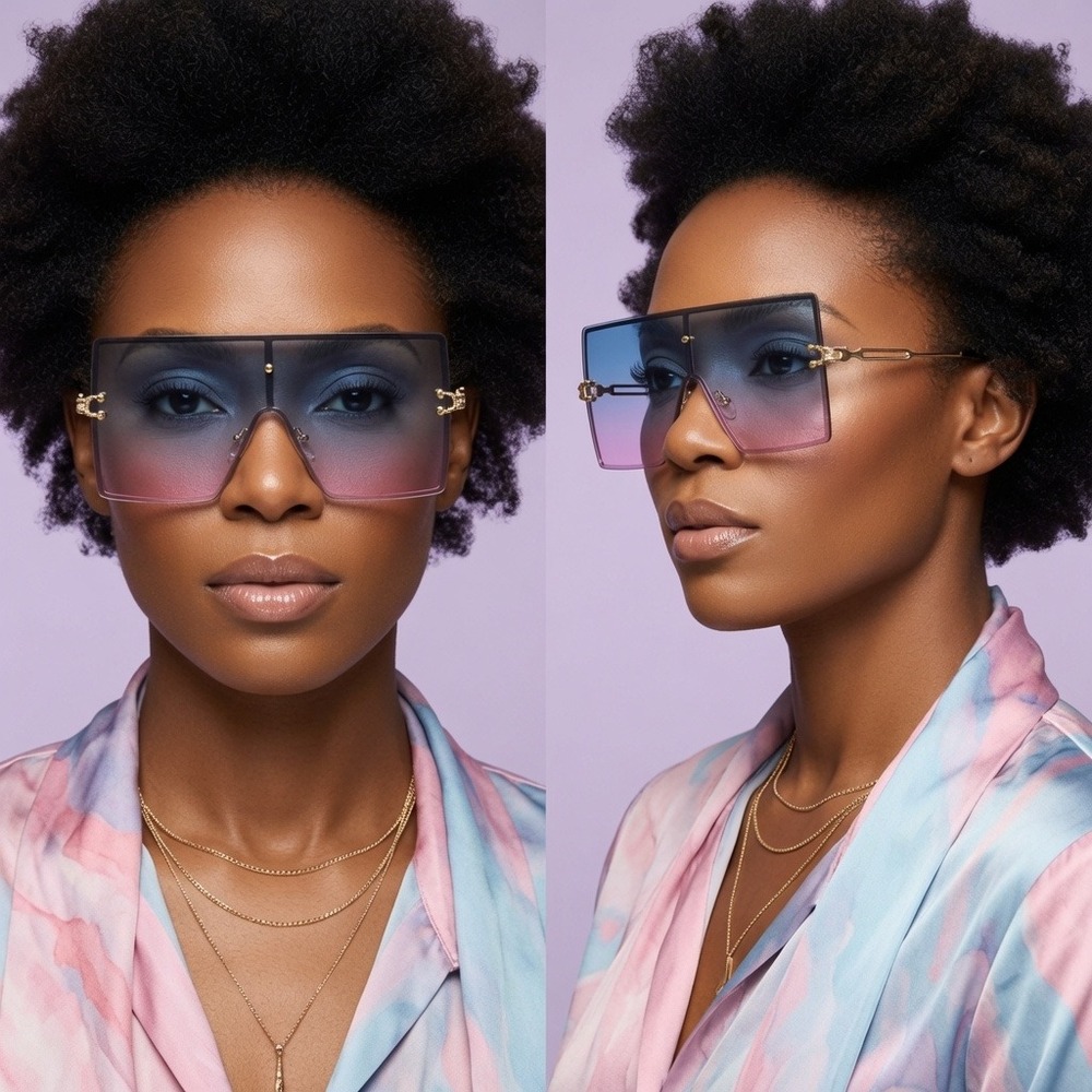 Women Sunglasses Large Flat-Top Eyewear Ombre Blue-Pink Tint Sleek Golden Temple